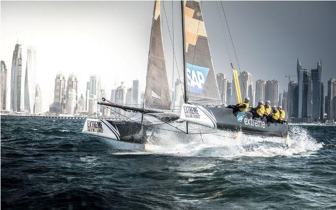 Dubai – SAP Extreme Sailing Team fly through the water during the 2016 launch event in Dubai. The Series stalwarts, co-skippered by Jes Gram-Hansen and Rasmus Køstner, compete for the fifth time in the Series but for the first time in the GC32. - Extreme Sailing Series © Lloyd Images